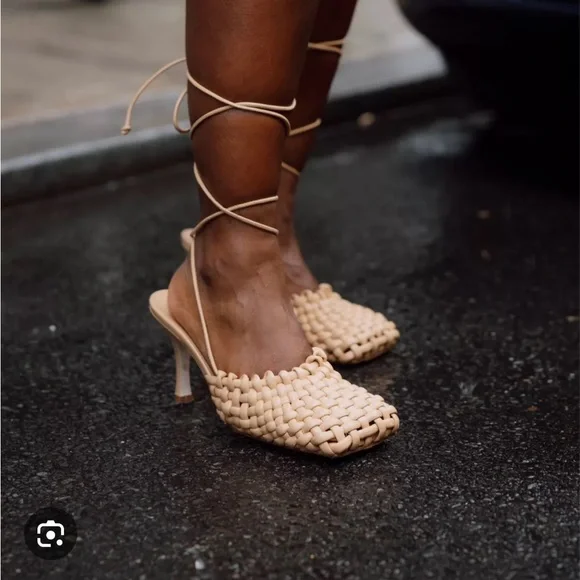 Awake Tan Heels with Woven Design and Lace-Up Straps - Picture 1 of 4